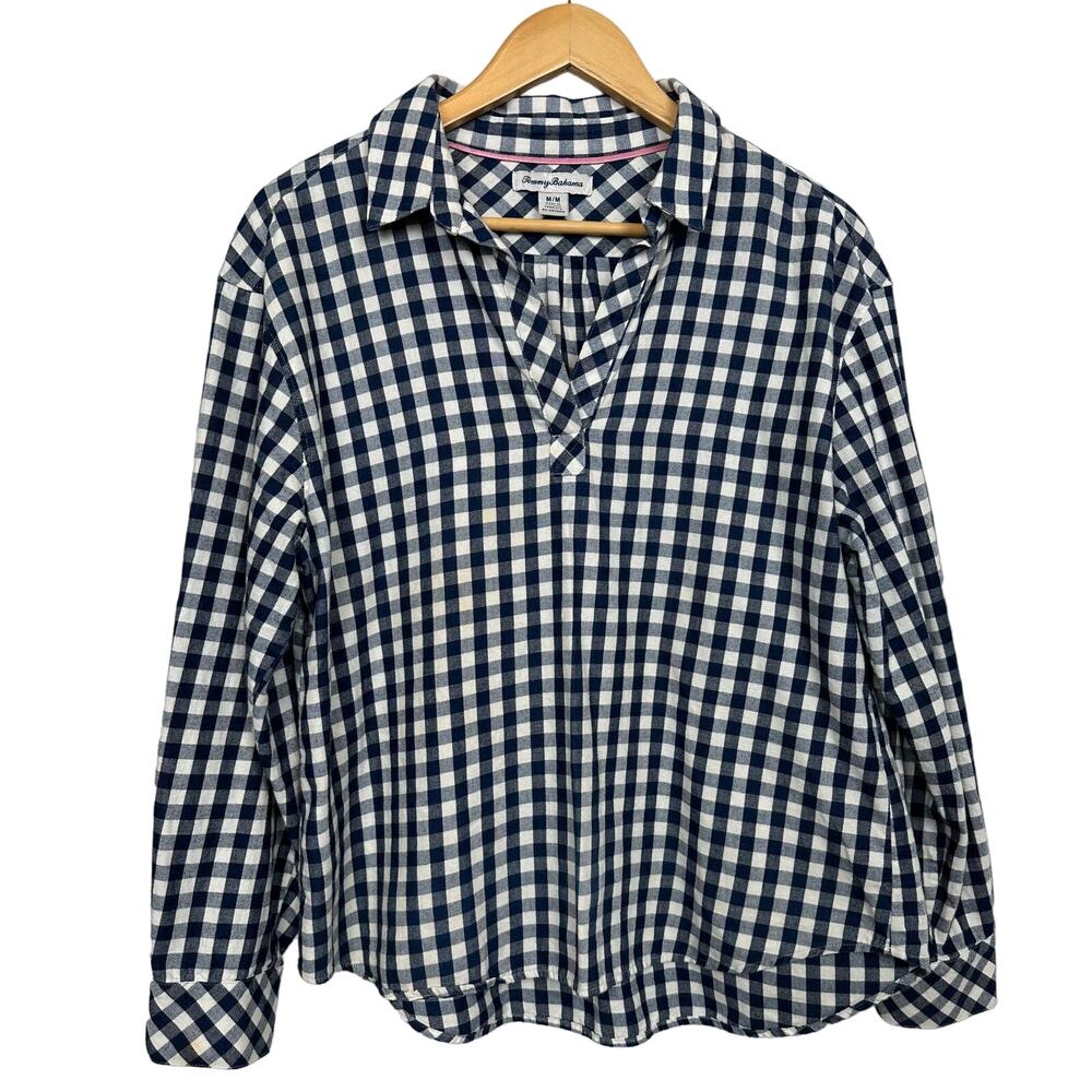 Tommy Bahama Women's Size Medium Plaid Blue White Long Sleeve Blouse